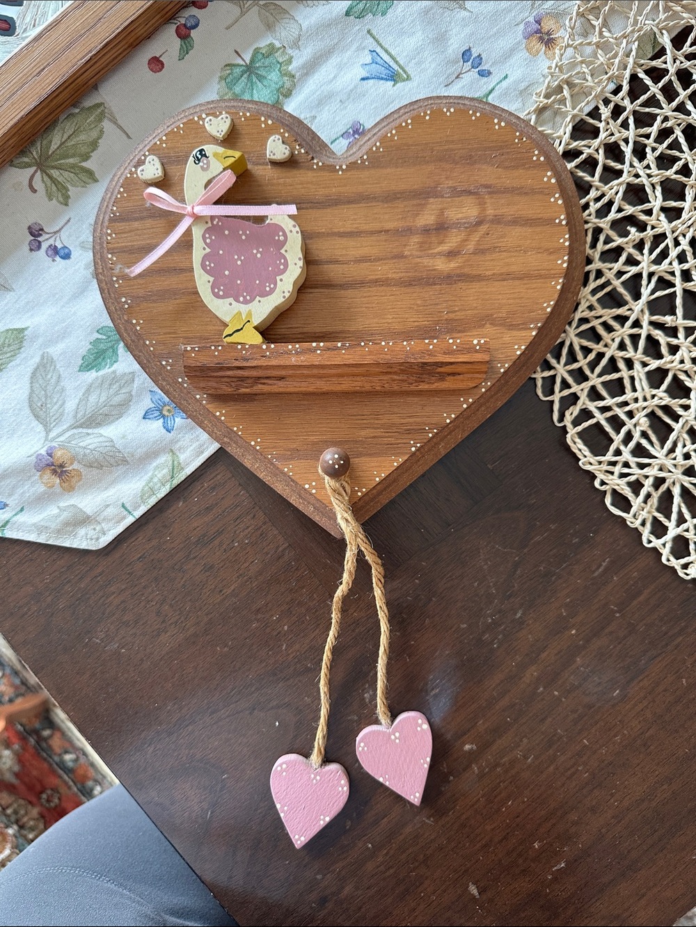 Wooden heart, Pink goose on shelf. Wall art.